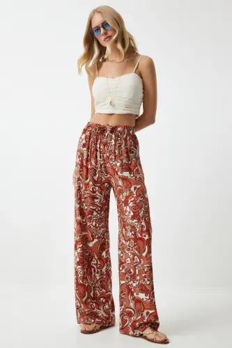 Kadın Kiremit Desenli Dökümlü Viskon Palazzo Pantolon EN00606-Kiremit - 2