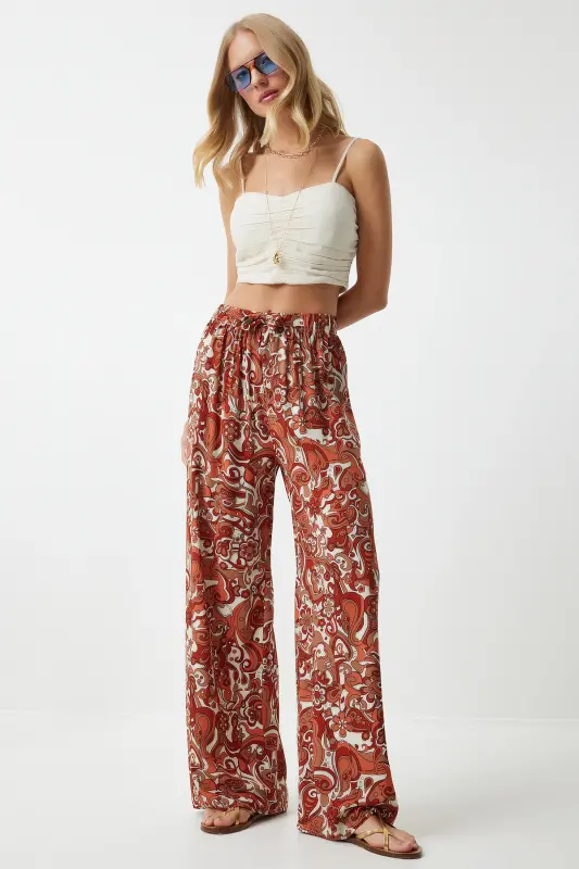 Kadın Kiremit Desenli Dökümlü Viskon Palazzo Pantolon EN00606-Kiremit - 2