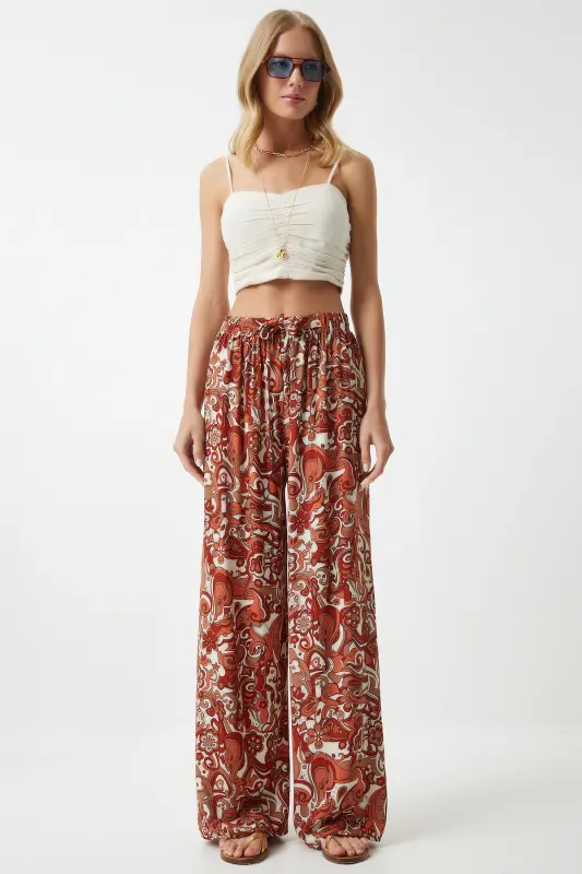 Kadın Kiremit Desenli Dökümlü Viskon Palazzo Pantolon EN00606-Kiremit - 4