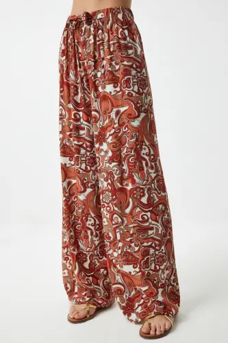 Kadın Kiremit Desenli Dökümlü Viskon Palazzo Pantolon EN00606-Kiremit - 5