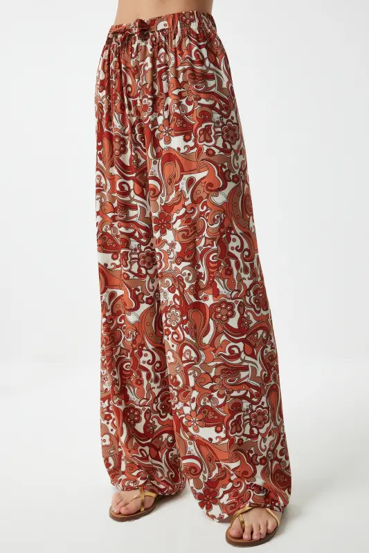 Kadın Kiremit Desenli Dökümlü Viskon Palazzo Pantolon EN00606-Kiremit - 5
