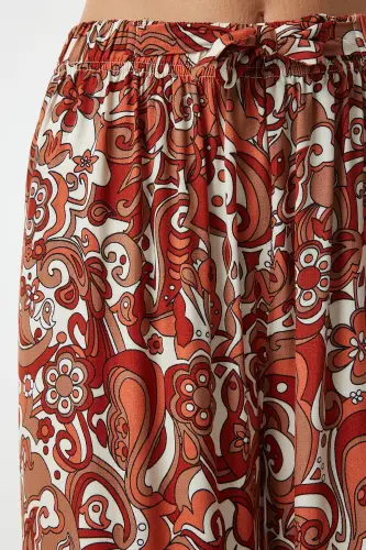 Kadın Kiremit Desenli Dökümlü Viskon Palazzo Pantolon EN00606-Kiremit - 6