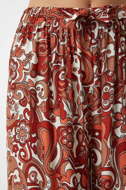 Kadın Kiremit Desenli Dökümlü Viskon Palazzo Pantolon EN00606-Kiremit - 6