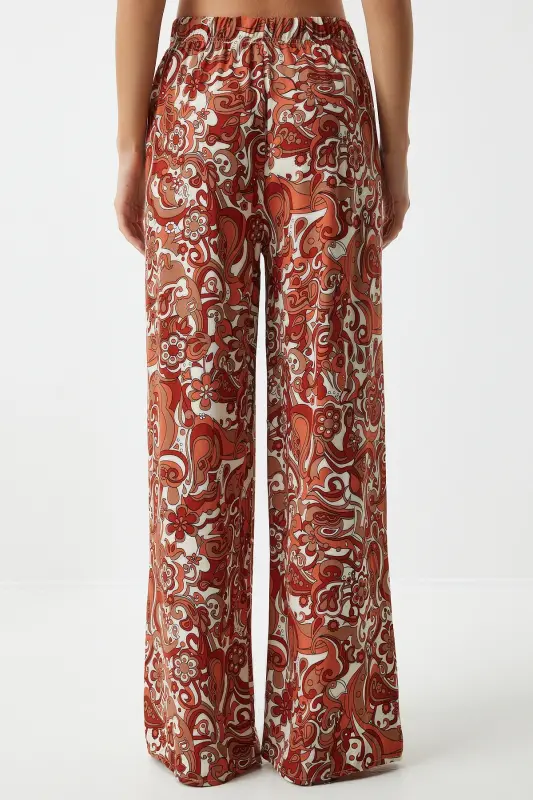 Kadın Kiremit Desenli Dökümlü Viskon Palazzo Pantolon EN00606-Kiremit - 7