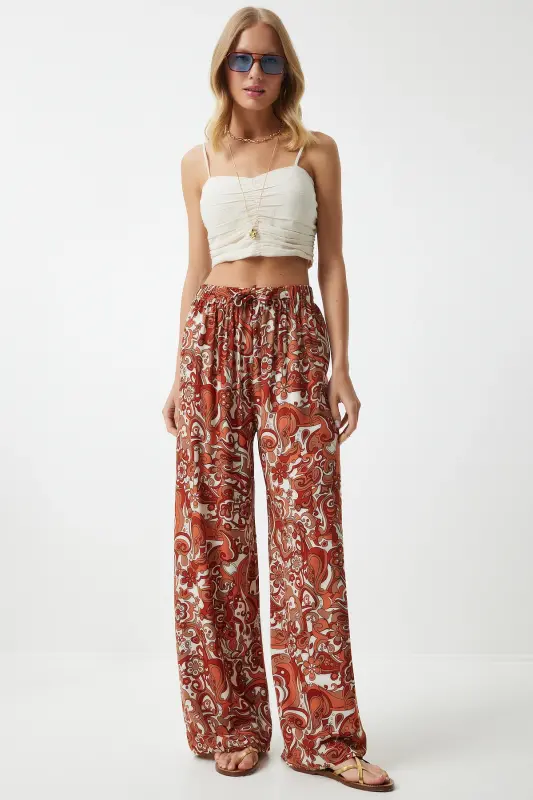 Damen Palazzo-Hose aus fließender Viskose mit Fliesenmuster EN00606 - Ziegelfarbe - HAPPINESS İSTANBUL