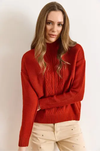 Kadın Kiremit Dik Yaka Ortası Saç Örgülü Triko Kazak KZK-19000912-Kiremit 