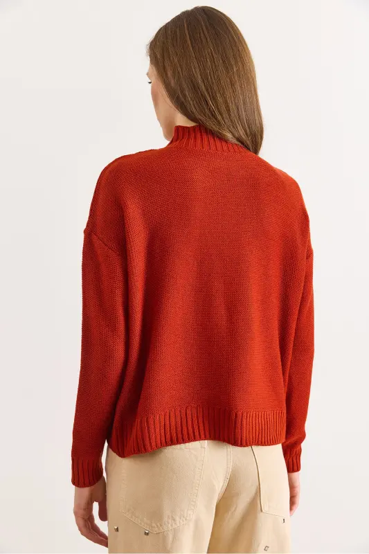 Kadın Kiremit Dik Yaka Ortası Saç Örgülü Triko Kazak KZK-19000912-Kiremit - 2