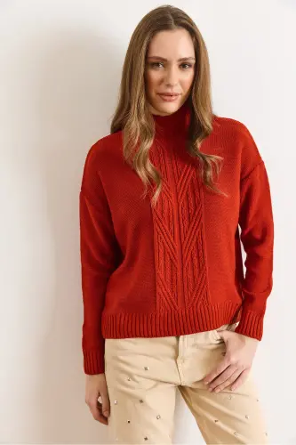 Kadın Kiremit Dik Yaka Ortası Saç Örgülü Triko Kazak KZK-19000912-Kiremit - 3