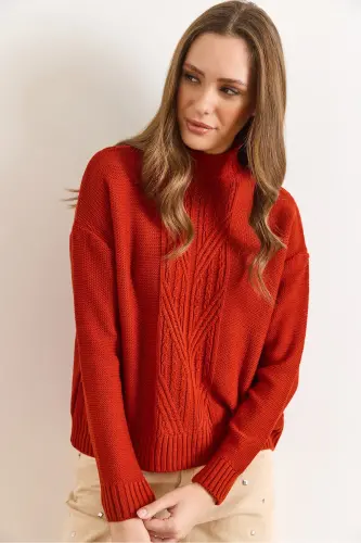 Kadın Kiremit Dik Yaka Ortası Saç Örgülü Triko Kazak KZK-19000912-Kiremit - 5