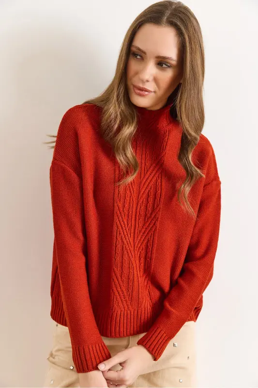 Kadın Kiremit Dik Yaka Ortası Saç Örgülü Triko Kazak KZK-19000912-Kiremit - 5