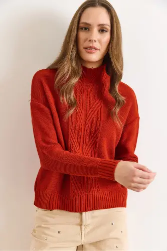 Kadın Kiremit Dik Yaka Ortası Saç Örgülü Triko Kazak KZK-19000912-Kiremit - 6