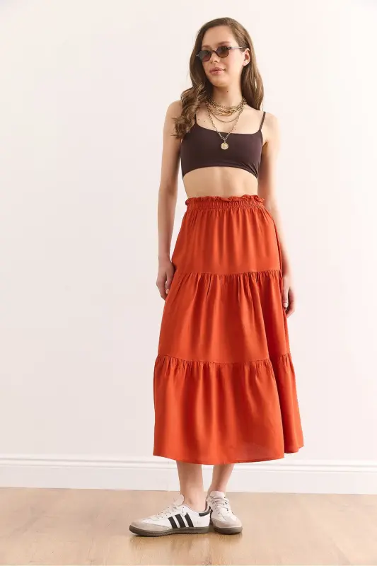 Kadın Kiremit Kat Kat Dökümlü Midi Dokuma Etek ETK-19000313-Kiremit - 2