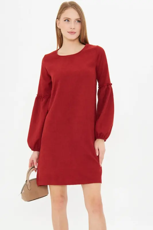 Kadın Kiremit Kolu Balonlu Kadife Elbise ARM-20K001107-KİREMİT - ARMONIKA