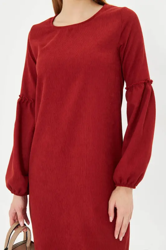 Kadın Kiremit Kolu Balonlu Kadife Elbise ARM-20K001107-KİREMİT - 2