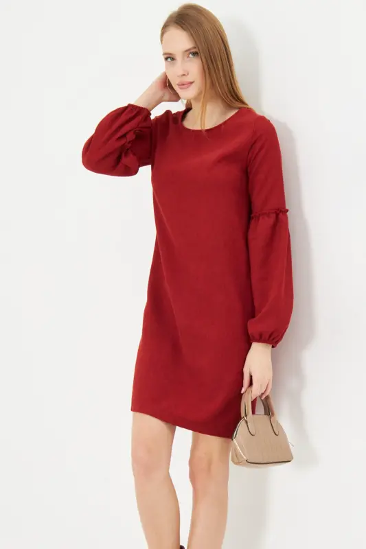 Kadın Kiremit Kolu Balonlu Kadife Elbise ARM-20K001107-KİREMİT - 3