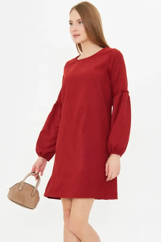 Kadın Kiremit Kolu Balonlu Kadife Elbise ARM-20K001107-KİREMİT - 4