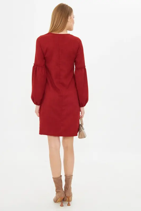 Kadın Kiremit Kolu Balonlu Kadife Elbise ARM-20K001107-KİREMİT - 6