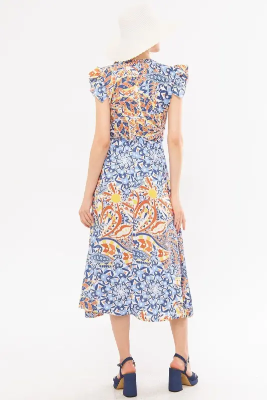 Kadın Kiremit Kruvaze Yaka Omuzu Fırfır Detaylı Beli Lastikli Midi Boy Elbise ARM-24Y001020-Kiremit - 5