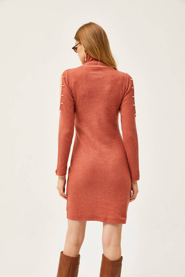 Kadın Kiremit Omuz Dekolteli Boncuk Detaylı Balıkçı Şardonlu Elbise ELB-19002039-Kiremit - 5