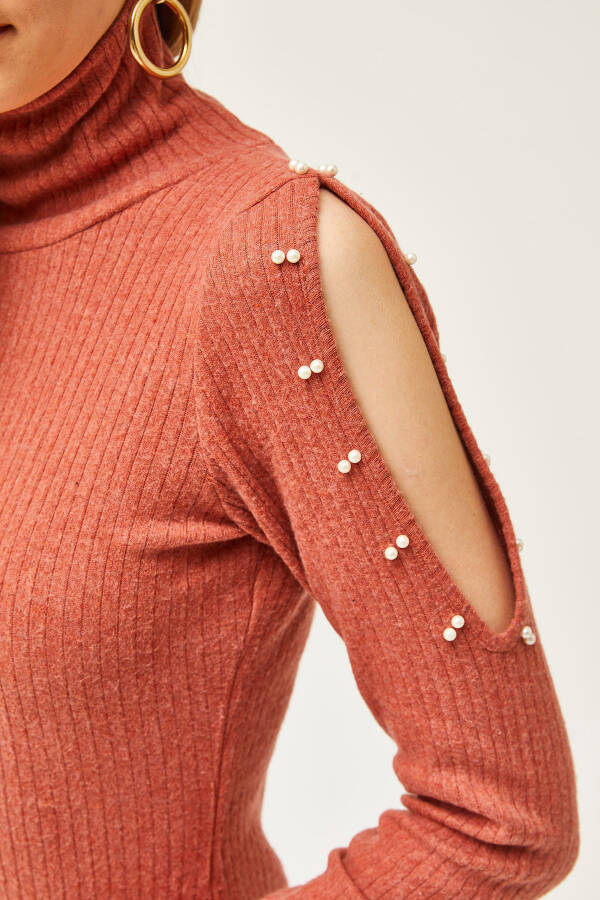 Kadın Kiremit Omuz Dekolteli Boncuk Detaylı Balıkçı Şardonlu Elbise ELB-19002039-Kiremit - 6