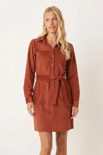 Kadın Kiremit Önden Düğmeli Cepli Kuşaklı Kadife Elbise ARM-25K001085-Kiremit 