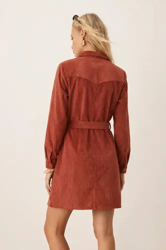 Kadın Kiremit Önden Düğmeli Cepli Kuşaklı Kadife Elbise ARM-25K001085-Kiremit - 2