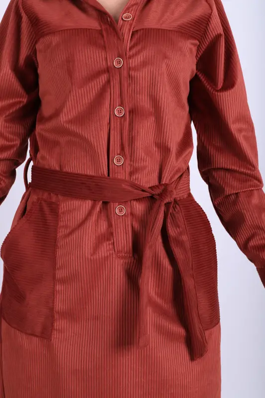 Kadın Kiremit Önden Düğmeli Cepli Kuşaklı Kadife Elbise ARM-25K001085-Kiremit - 3