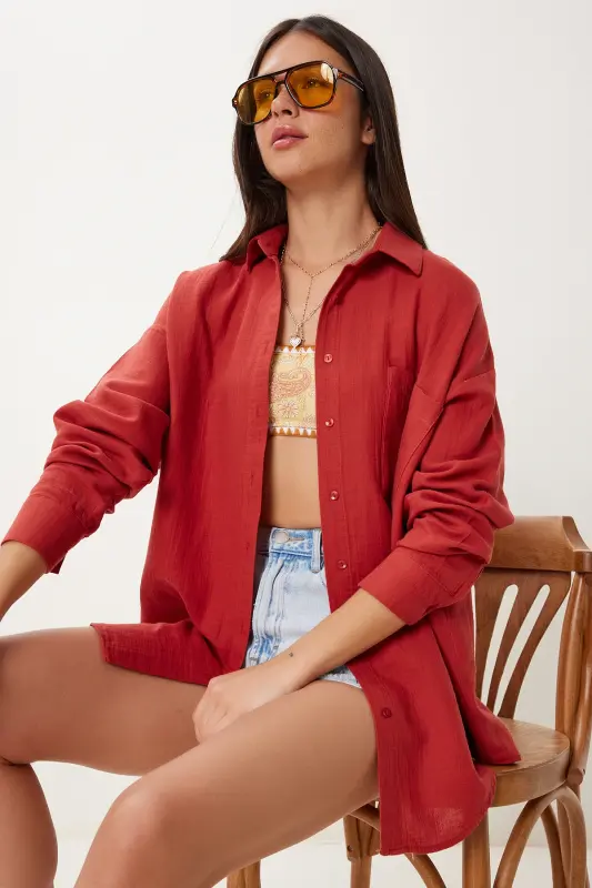 Kadın Kiremit Oversize Basic Müslin Gömlek MX00150-Yağ Yeşili - HAPPINESS İSTANBUL