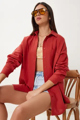 Kadın Kiremit Oversize Basic Müslin Gömlek MX00150-Yağ Yeşili - 1