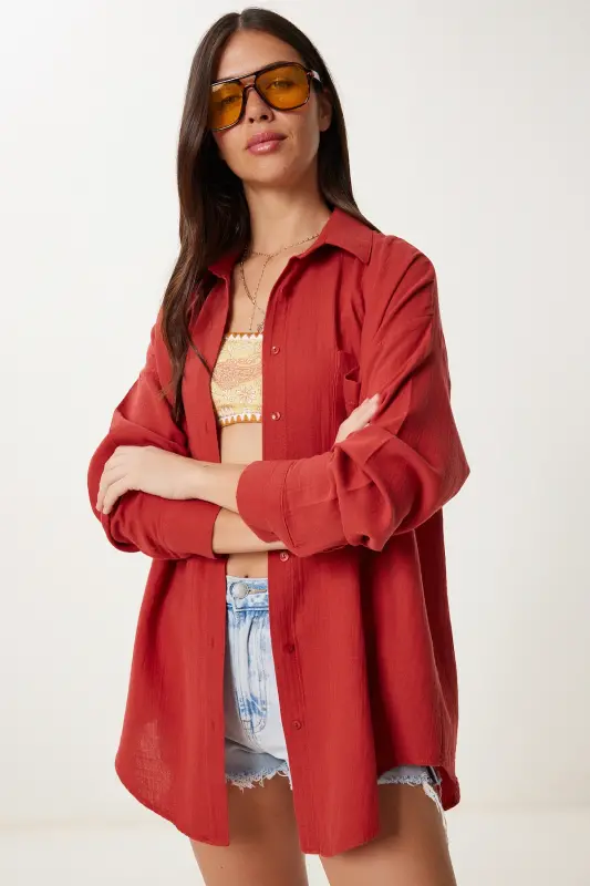 Kadın Kiremit Oversize Basic Müslin Gömlek MX00150-Yağ Yeşili - 2