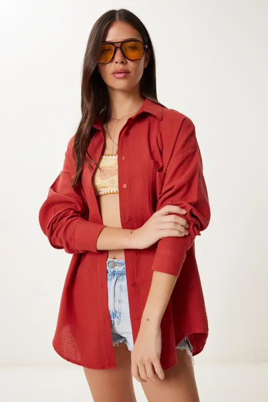 Kadın Kiremit Oversize Basic Müslin Gömlek MX00150-Yağ Yeşili - 3