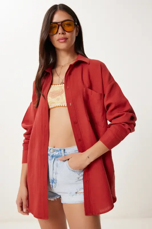 Kadın Kiremit Oversize Basic Müslin Gömlek MX00150-Yağ Yeşili - 4