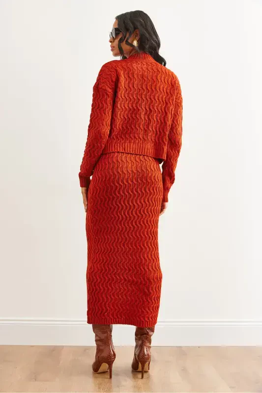 Kadın Kiremit Saç Örgü Alt Üst Triko Takım TKM-19000315-Kiremit - 7