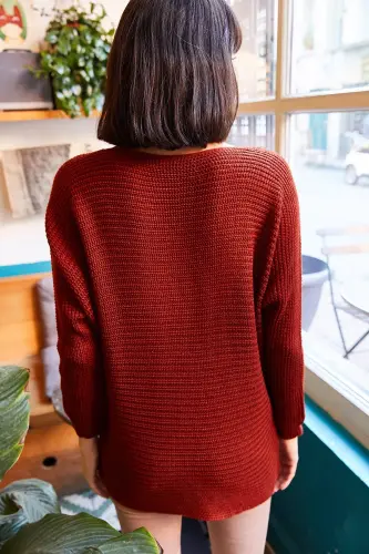 Kadın Kiremit Selanik Salaş Triko Kazak KZK-19000051-Kiremit - 6