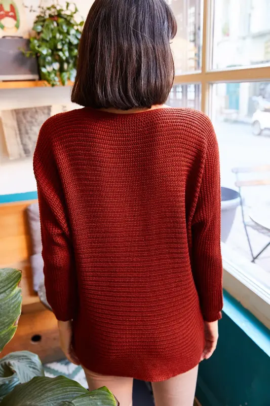 Kadın Kiremit Selanik Salaş Triko Kazak KZK-19000051-Kiremit - 6