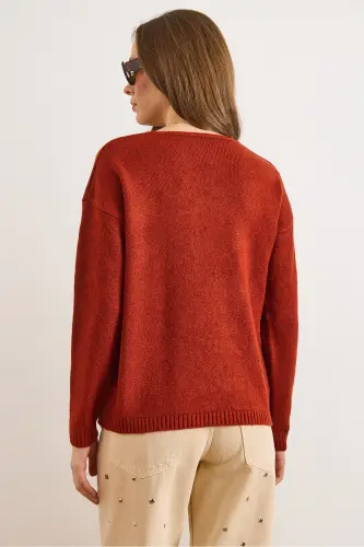 Kadın Kiremit V Yaka Yumuşak Dokulu Triko Kazak KZK-19000598-Kiremit - 2