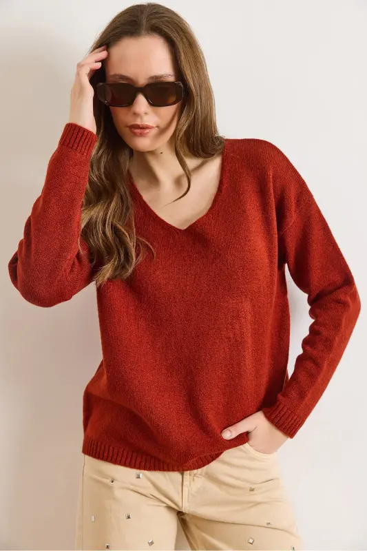 Kadın Kiremit V Yaka Yumuşak Dokulu Triko Kazak KZK-19000598-Kiremit - 3