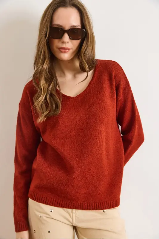 Kadın Kiremit V Yaka Yumuşak Dokulu Triko Kazak KZK-19000598-Kiremit - 4