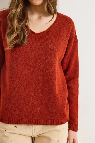 Kadın Kiremit V Yaka Yumuşak Dokulu Triko Kazak KZK-19000598-Kiremit - 5