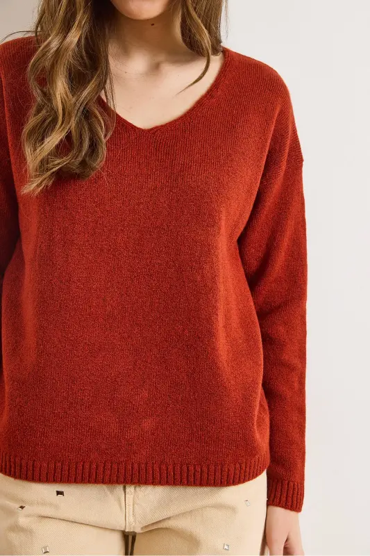 Kadın Kiremit V Yaka Yumuşak Dokulu Triko Kazak KZK-19000598-Kiremit - 5