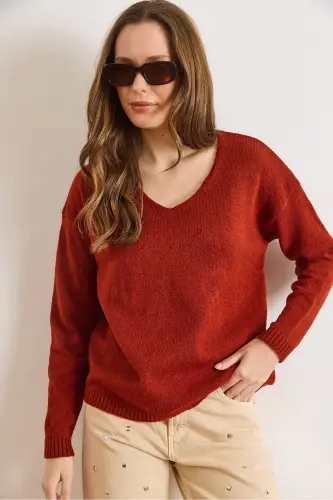 Kadın Kiremit V Yaka Yumuşak Dokulu Triko Kazak KZK-19000598-Kiremit - 6