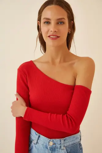 Kadın Kırmızı Açık Omuzlu Fitilli Örme Bluz TG00011 - Kırmızı - 2