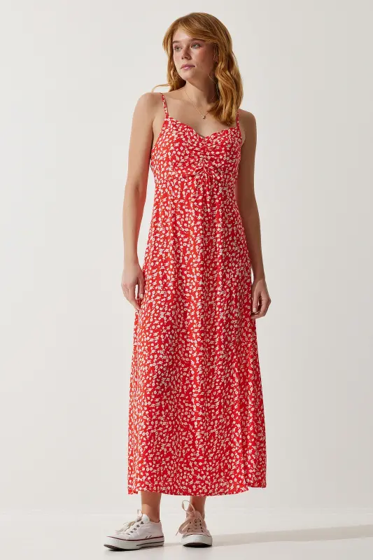 Kadın Kırmızı Askılı Desenli Viskon Elbise UB00236-Kırmızı - 3