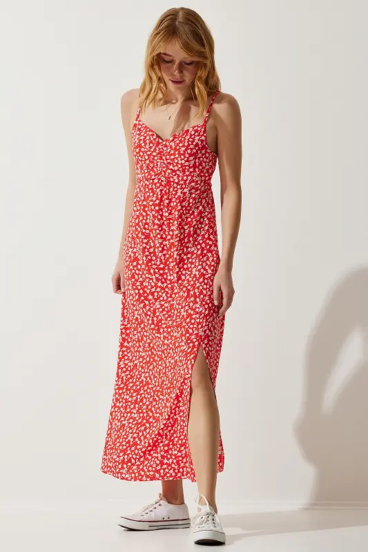 Kadın Kırmızı Askılı Desenli Viskon Elbise UB00236-Kırmızı - 4