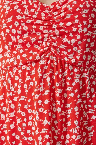 Kadın Kırmızı Askılı Desenli Viskon Elbise UB00236-Kırmızı - 5