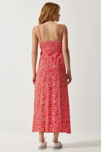 Kadın Kırmızı Askılı Desenli Viskon Elbise UB00236-Kırmızı - 6