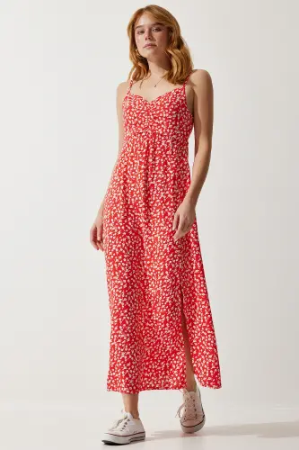 Kadın Kırmızı Askılı Desenli Viskon Elbise UB00236-Kırmızı - HAPPINESS İSTANBUL (1)