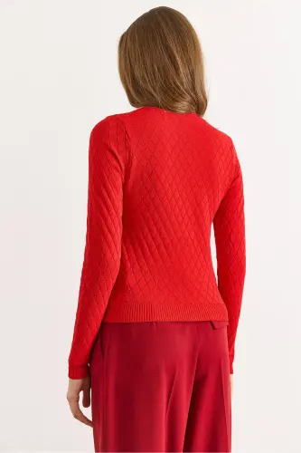 Kadın Kırmızı Baklava Desenli Mevsimlik Triko Bluz BLZ-19002885-Kırmızı - 2