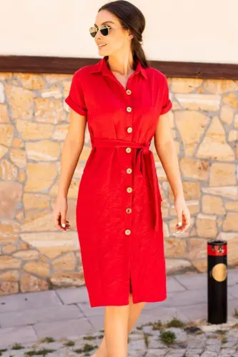 Kadın Kırmızı Beli Kemerli Kısa Kol Gömlek Elbise Arm-19Y001068-KIRMIZI 