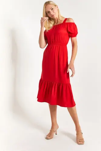 Kadın Kırmızı Beli Lastikli Askılı Elbise Arm-21k001214-Kırmızı - 1